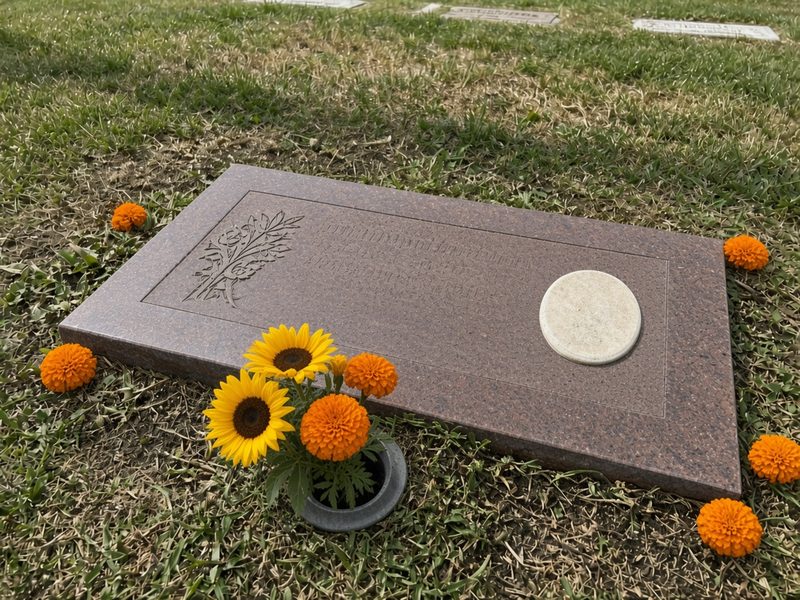 Illustrative example, after: the same marker cleaned and tidied, with sunflowers and marigolds in the vase