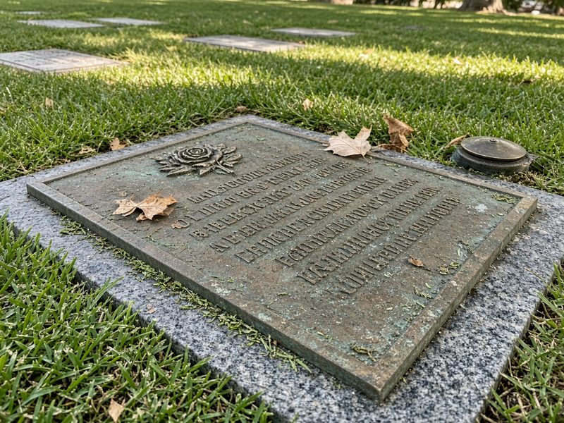 Illustrative example, before: a bronze plaque on a granite base, tarnished green, with grass runners, clippings, and leaves on it