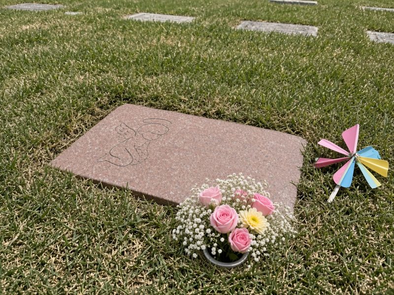 Illustrative example, after: the same marker cleaned, with a new pinwheel and pink roses with baby's breath